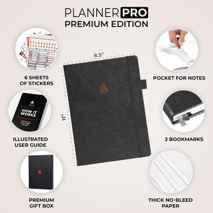 Clever Fox Planner PRO Premium Edition - Luxurious weekly and monthly planner + budget planner for productivity and goal achievement, undated, storage box, lasts for 1 year, Silver Black