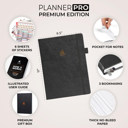 Clever Fox Planner PRO Premium Edition - Luxurious weekly and monthly planner + budget planner for productivity and goal achievement, undated, storage box, lasts for 1 year, Silver Black