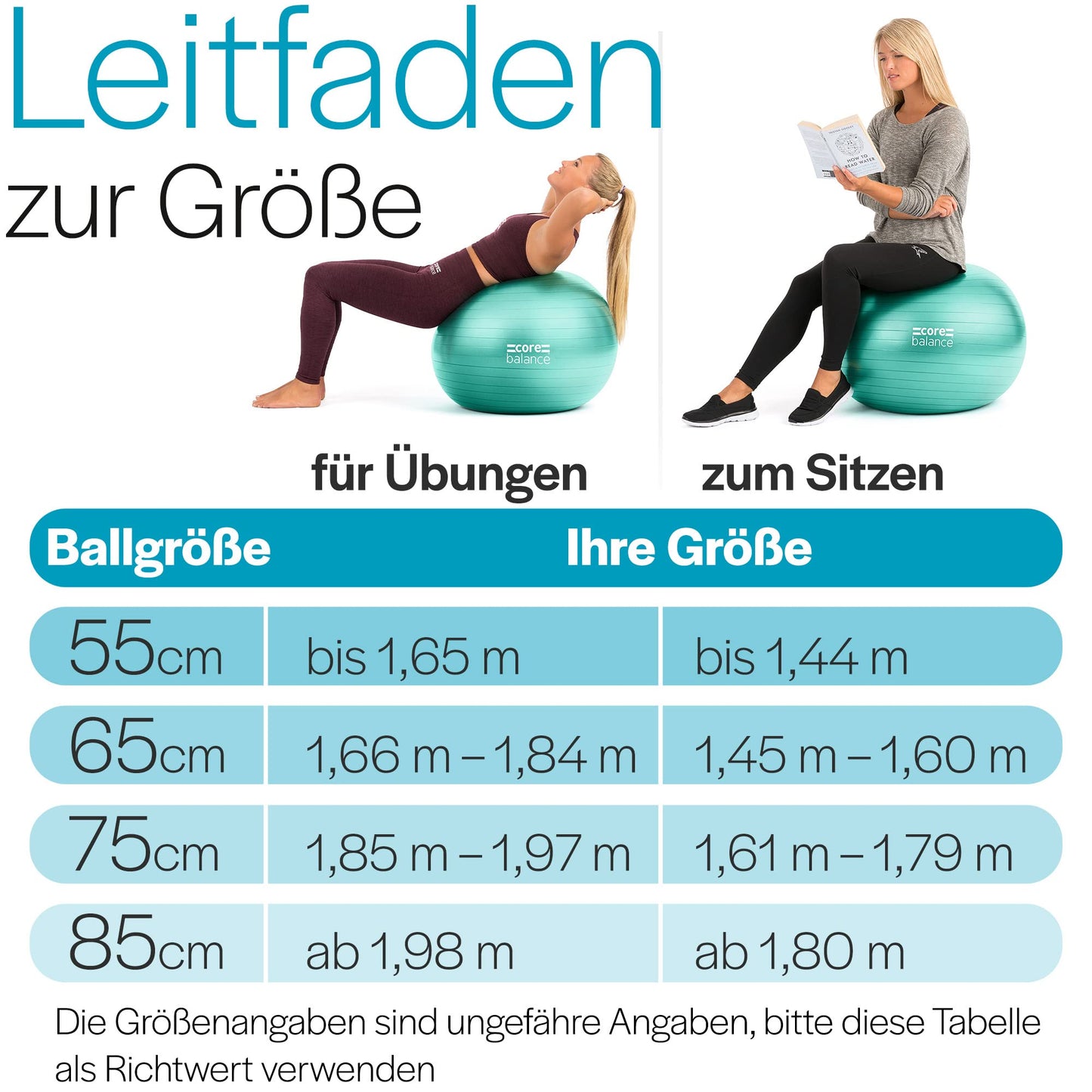 Core Balance, burst-resistant exercise ball - for fitness, yoga, pregnancy - 55cm 65cm 75cm 85cm - includes air pump