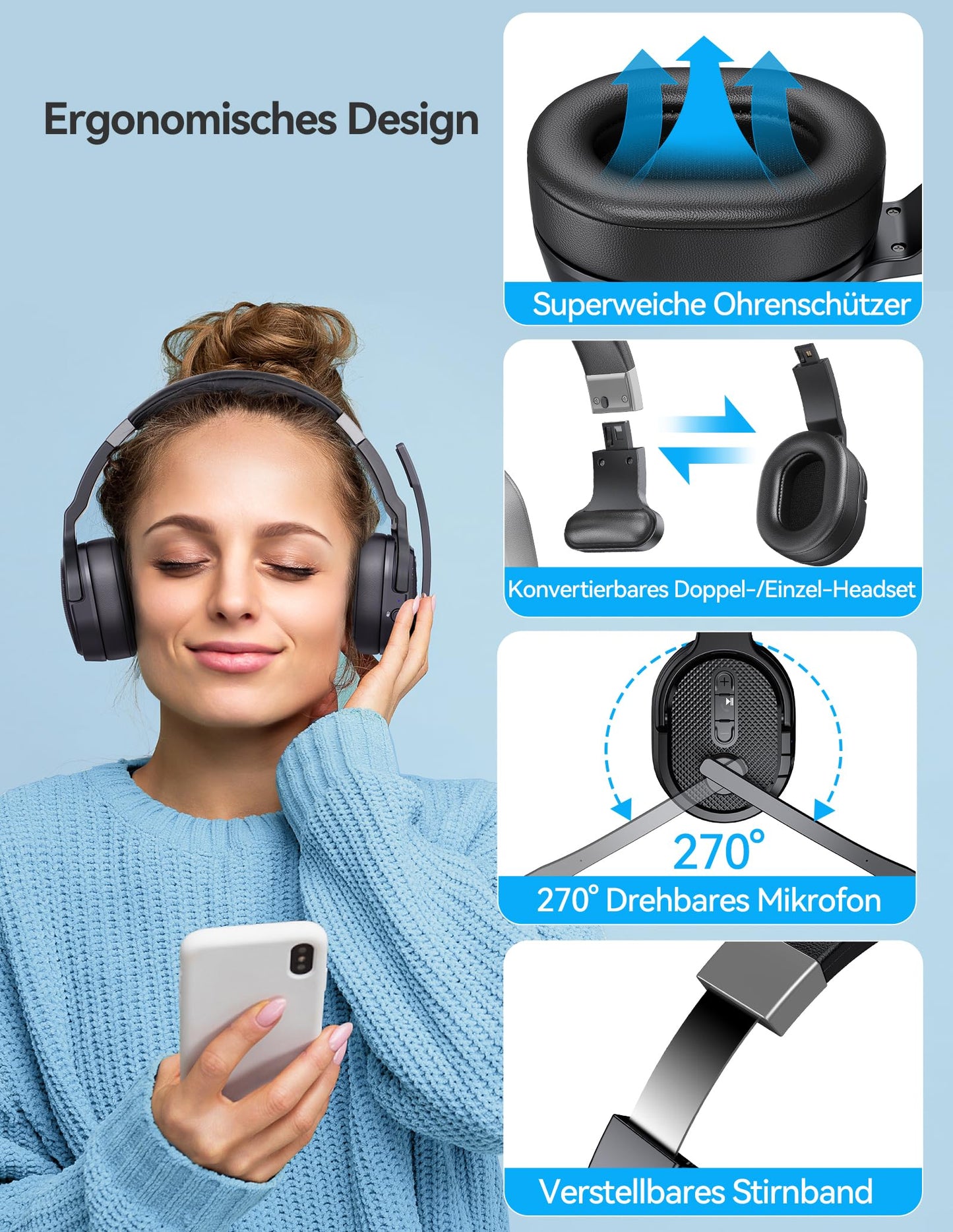 TECKNET Bluetooth headset with microphone, noise cancelling single and dual over-ear headset wireless with USB dongle, 3 EQ music modes, wireless PC headphones for office, home, Zoom, Microsoft Teams.