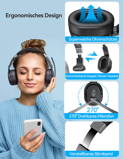 TECKNET Bluetooth headset with microphone, noise cancelling single and dual over-ear headset wireless with USB dongle, 3 EQ music modes, wireless PC headphones for office, home, Zoom, Microsoft Teams.