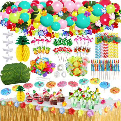 Frasheng 159 Piece Hawaii Party Decoration Set, Hawaii Luau Table Skirts, Hawaiian Party, Hawaii Decor, Hawaii Lei Flower Cake Toppers Paper Straws and 3D Fruit for Summer Party Decoration.
