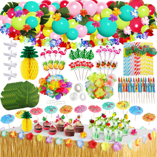 Frasheng 159 Piece Hawaii Party Decoration Set, Hawaii Luau Table Skirts, Hawaiian Party, Hawaii Decor, Hawaii Lei Flower Cake Toppers Paper Straws and 3D Fruit for Summer Party Decoration.