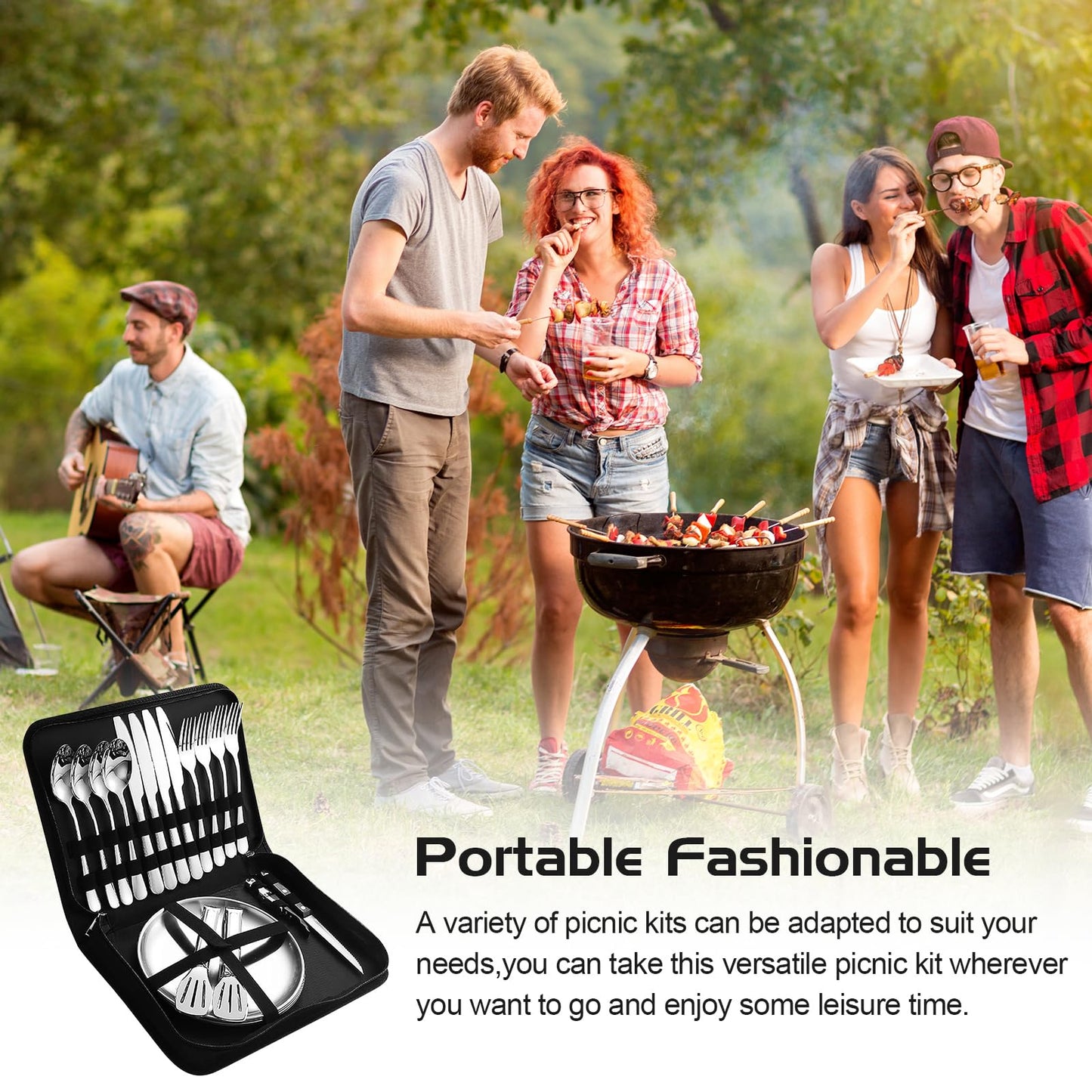Camping cutlery set for 4 people - Stainless steel camping tableware set for outdoor, picnic and travel - with stainless steel knife, fork, spoon and plate, Portable cutlery including cutlery bag.