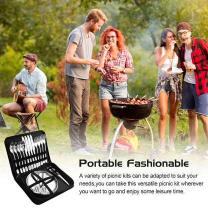 Camping cutlery set for 4 people - Stainless steel camping tableware set for outdoor, picnic and travel - with stainless steel knife, fork, spoon and plate, Portable cutlery including cutlery bag.
