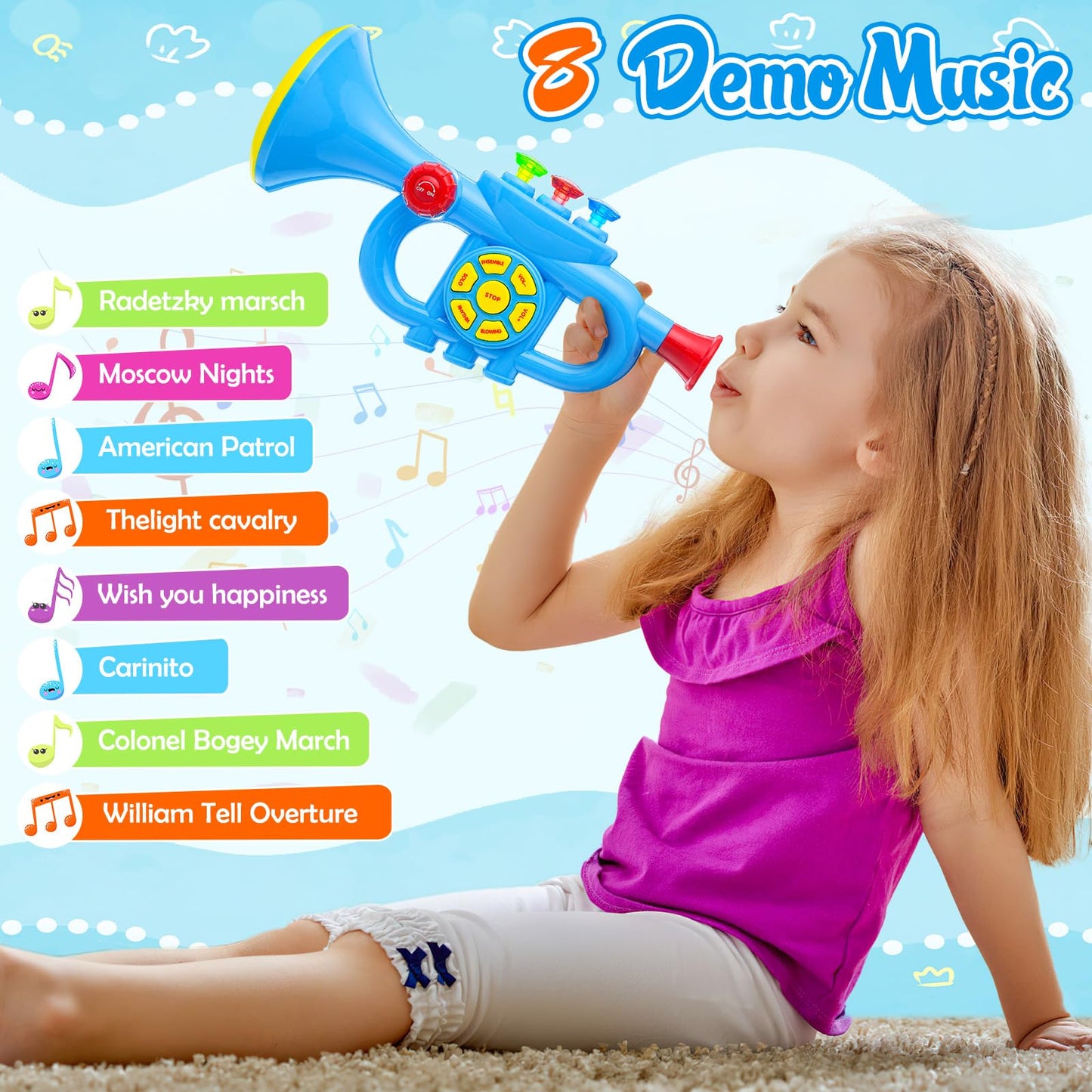 Children's trumpet toy, Luckits Portable Trumpet Horn with Music, Plastic Kids Trumpet Toy with Light Music, Song List, Trumpet Toy Gift for Boys Girls (Blue)