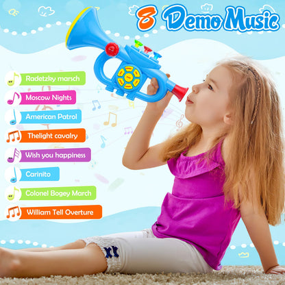Children's trumpet toy, Luckits Portable Trumpet Horn with Music, Plastic Kids Trumpet Toy with Light Music, Song List, Trumpet Toy Gift for Boys Girls (Blue)