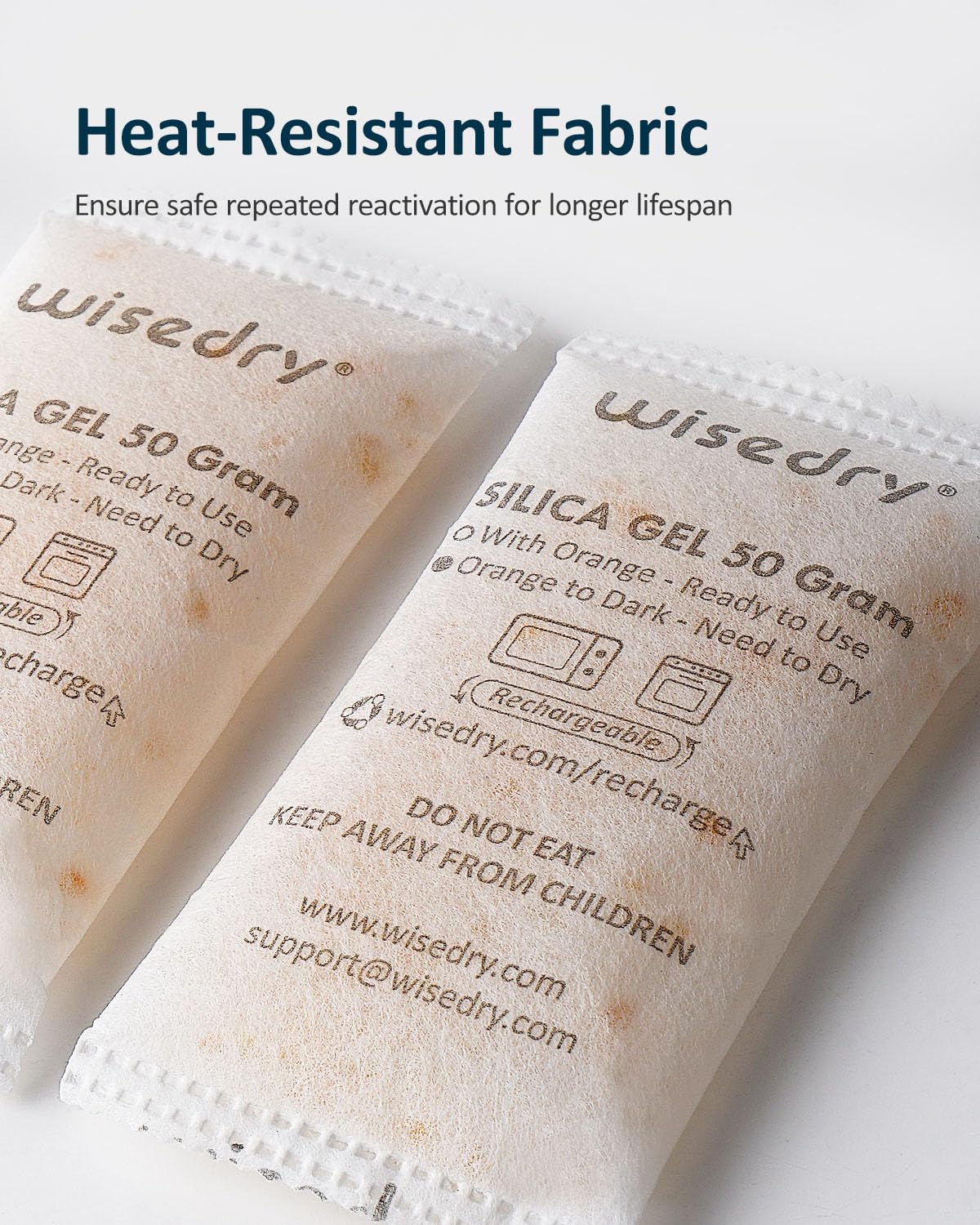 wisedry 50g [10 packs] Silica Gel Bag Microwave Rechargeable Dessicant Bag with indicator for Closet Gun Safes Bathroom Food Grade