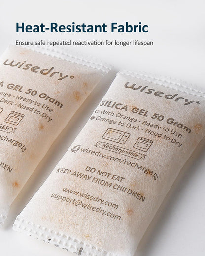 wisedry 50g [10 packs] Silica Gel Bag Microwave Rechargeable Dessicant Bag with indicator for Closet Gun Safes Bathroom Food Grade