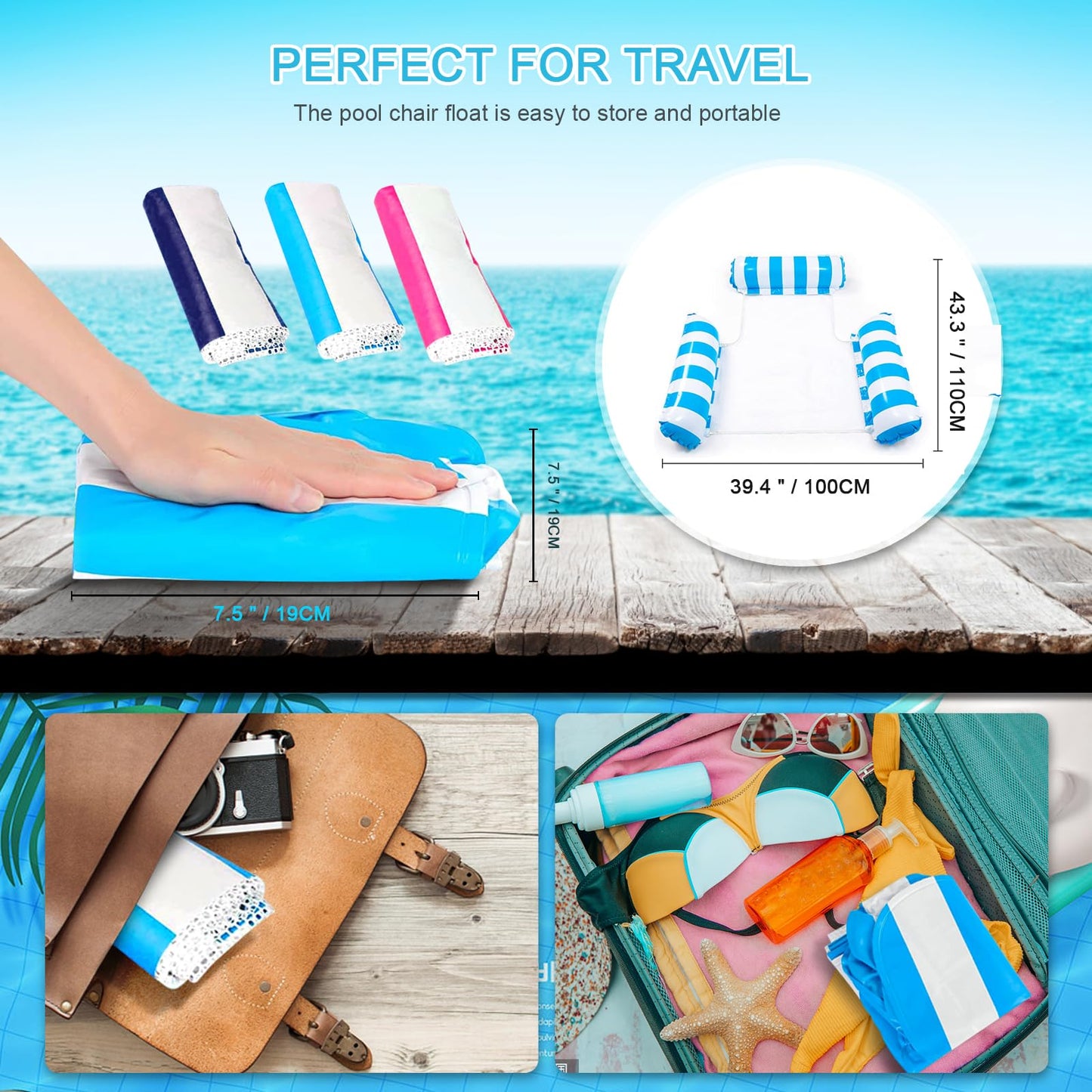 Inflatable pool water hammock for adults. Relax and have fun on this pool accessory with a net. Great for the pool, sea, beach, or lake. Fits 3 persons. Enjoy the water!
