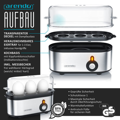 Arendo - Kettle with Toaster SET, Stainless Steel Glass Kettle with Tea Infuser + Temperature Control 1.7 L - Stainless Steel 2 Slice Long Slot Toaster Stainless Steel Egg Cooker for 1-3 Eggs