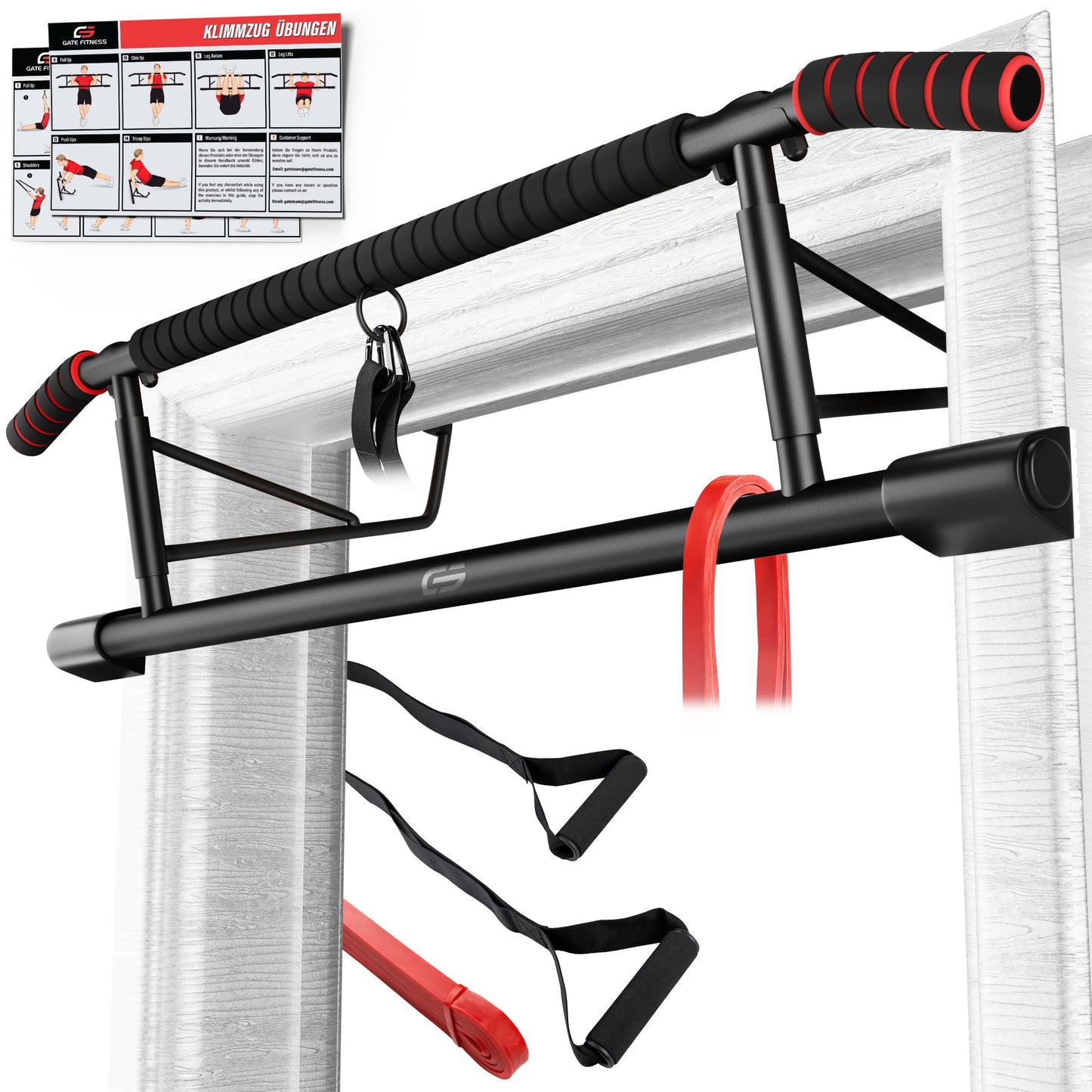 GATE FITNESS™ Pull Up Bar/Chin-Up Bar for Door Frames - Perfect Home Strength Station - No Screws | Foldable Home Trainer - includes Pull Up Band + Suspension Trainer + Training Poster