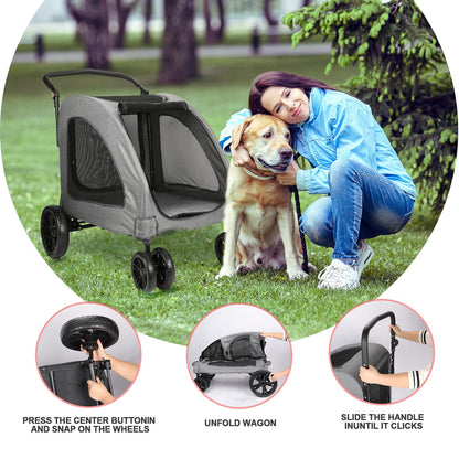 Virzen Pet Stroller 4 Wheels, Foldable Dog Stroller, Dog Buggy Pet Stroller with Mesh Windows, Pets Buggy Capacity up to 54kg for medium and large pets (Grey 2)