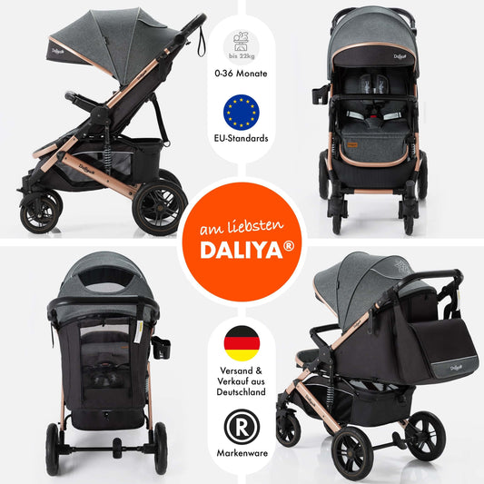 Daliya® Rapidy Buggy Stroller for Children 0-36 Months Sports Buggy with Reclining Position Changing Bag, Winter Footmuff, Dining & Play Table and more (Dark Grey - Gold)