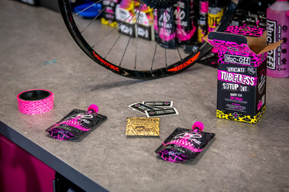 Muc-Off Ultimate Tubeless Kit setup for tubeless-ready bikes, road/gravel/CX 60 mm - includes rim tape, bike patch kit, tubeless valves, and tire sealant.