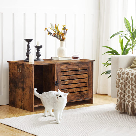 HOOBRO Cat Litter Box Cabinet with Louvered Door, Cat Cabinet Cat House, Cat Cabinet for Cat Toilet, Interior Large Cat Litter Storage Box, 80 x 45 x 46 cm, Vintage Brown EBF07MW01