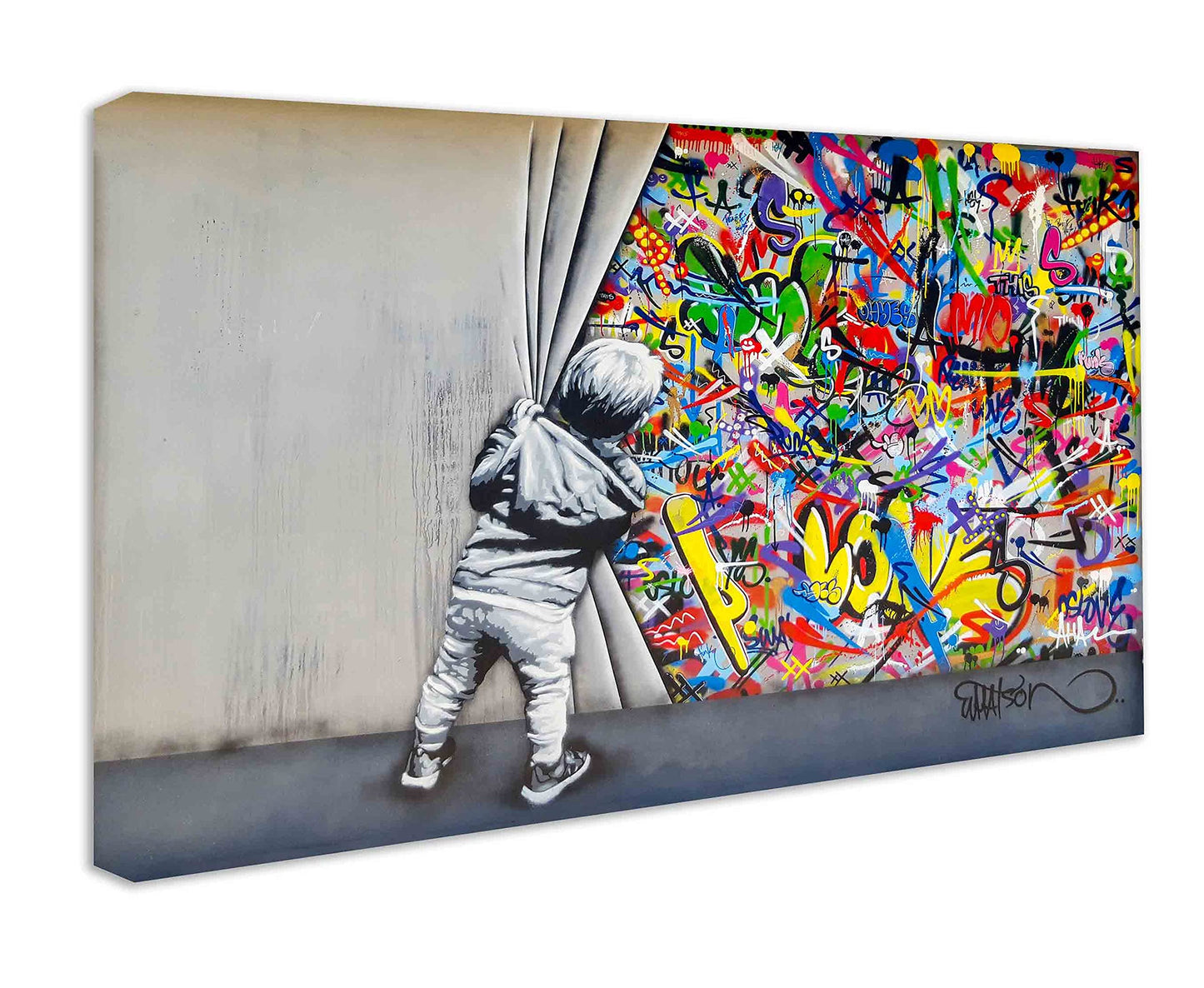 Wall art picture Banksy like - Boy behind the curtain - Canvas wall art, high-quality street art graffiti print I Wall decoration XXL ready to hang (80x120 cm)