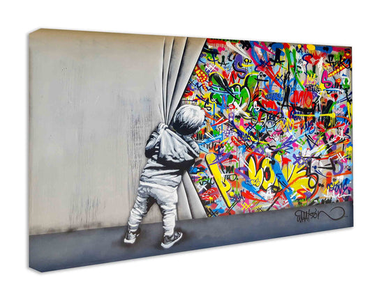 Wall art picture Banksy like - Boy behind the curtain - Canvas wall art, high-quality street art graffiti print I Wall decoration XXL ready to hang (80x120 cm)