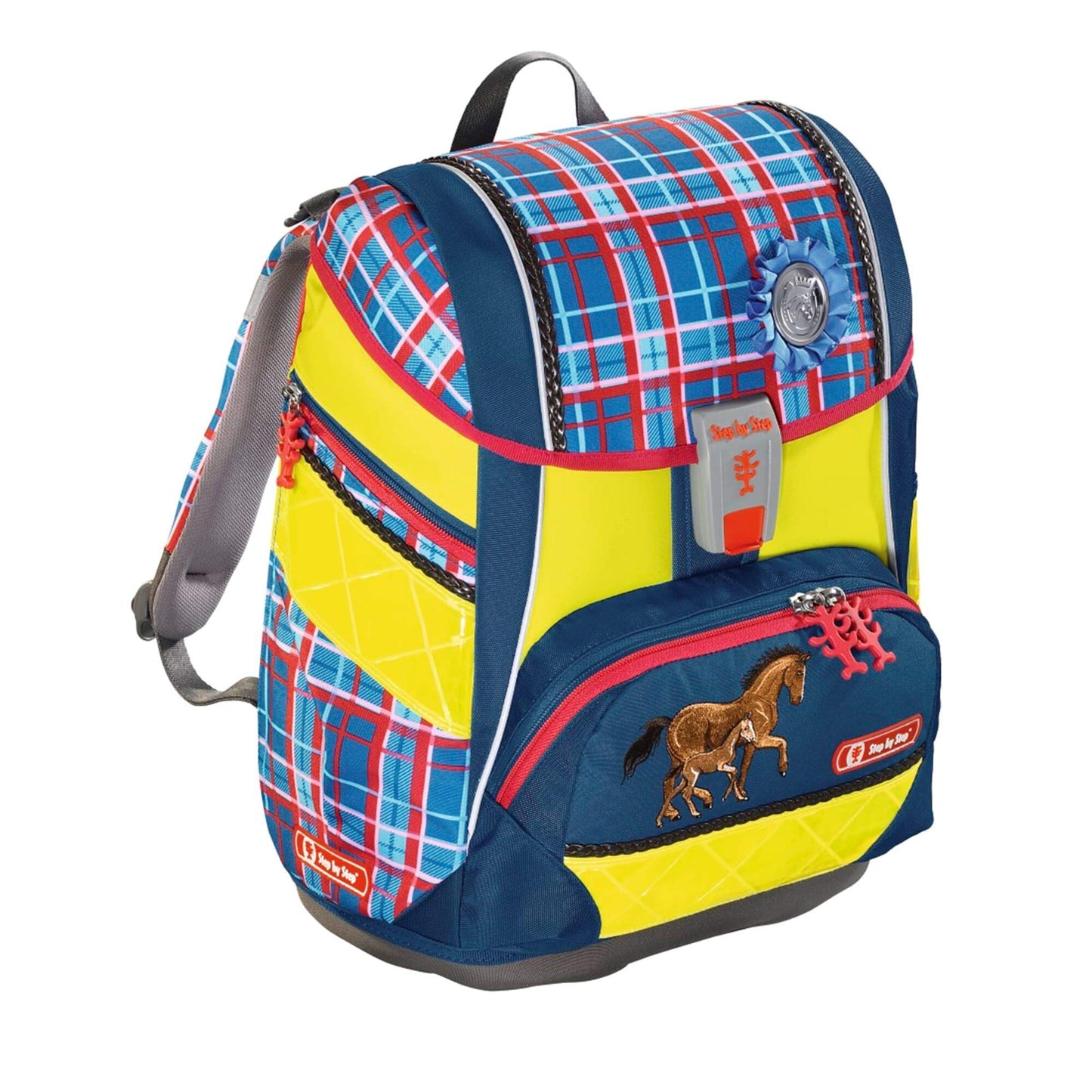 Step by Step School Backpack Set 2IN1 DIN "Horse Family" 4 pieces, blue-red, horses, ergonomic backpack with reflectors, adjustable height with hip belt for girls from 1st grade, 19L