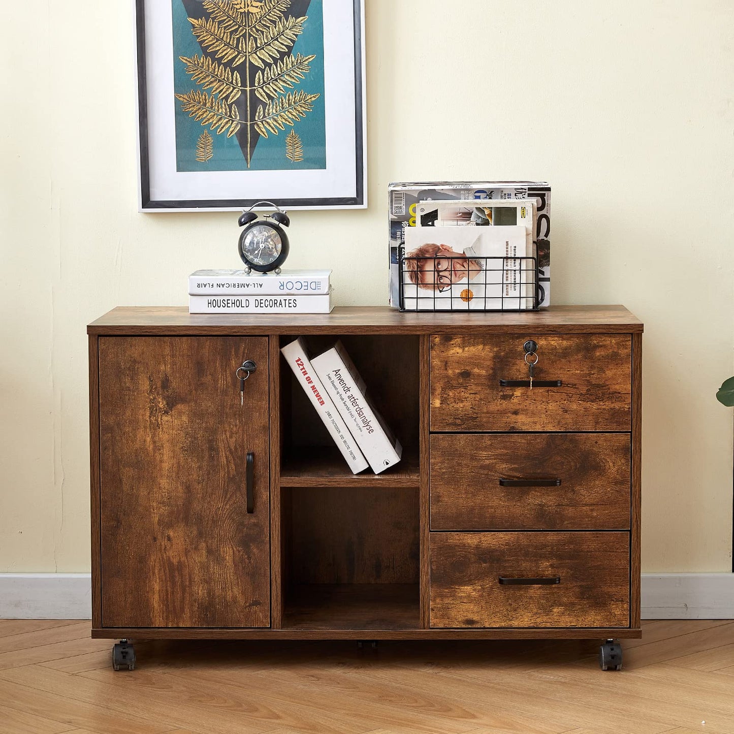 OFCASA Mobile File Cabinet with 3 drawers, lockable office rolling cabinet with wheels, 1 door, 2 shelves, 2 locks, industrial wood storage cabinet for home office, 90 x 40 x 55 cm