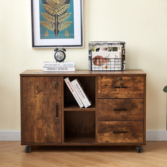 OFCASA Mobile File Cabinet with 3 drawers, lockable office rolling cabinet with wheels, 1 door, 2 shelves, 2 locks, industrial wood storage cabinet for home office, 90 x 40 x 55 cm