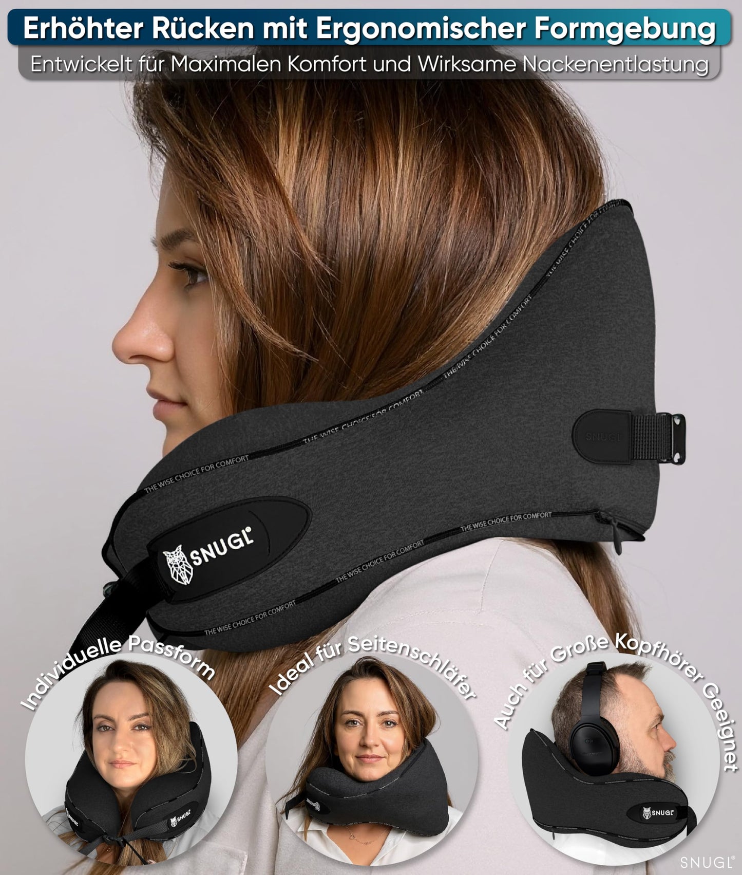 SNUGL Neck Pillow Memory Foam Washable & Adjustable | Cozy Neck Travel Pillow for Airplane, Car & On the Go | Travel Pillow Neck Cushion, Neck Travel Pillow (Black, Adult Small)