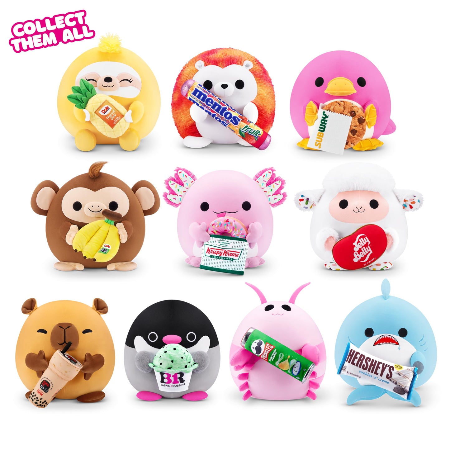 Snackles, Series 2, Axolotl (Krispy Kreme), cuddly-soft, soothing, 40 cm tall plush toy with licensed snack brand accessory (Axolotl)