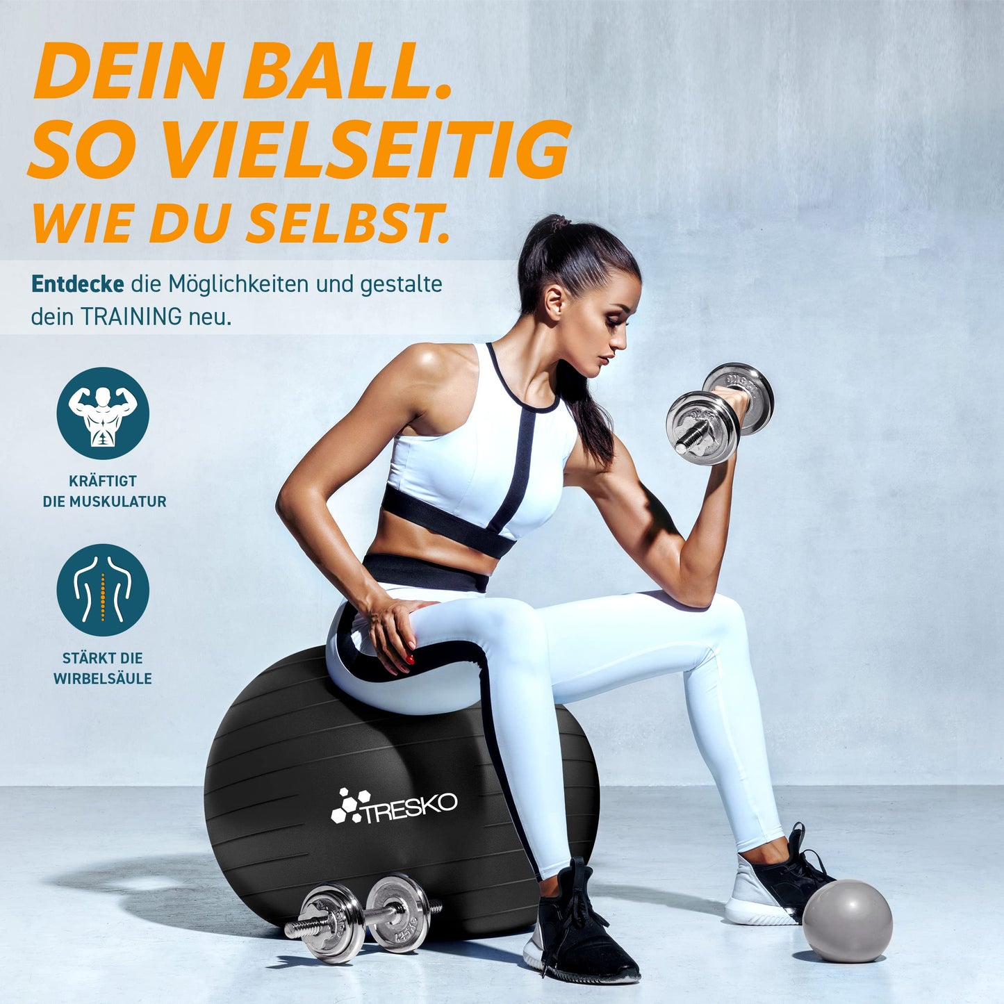 TRESKO Exercise Ball with FREE workout poster and pump - Yoga Ball BPA-Free | Office Chair Ball | Anti-Burst | 300 kg, Black, 85cm (for body height over 185cm)