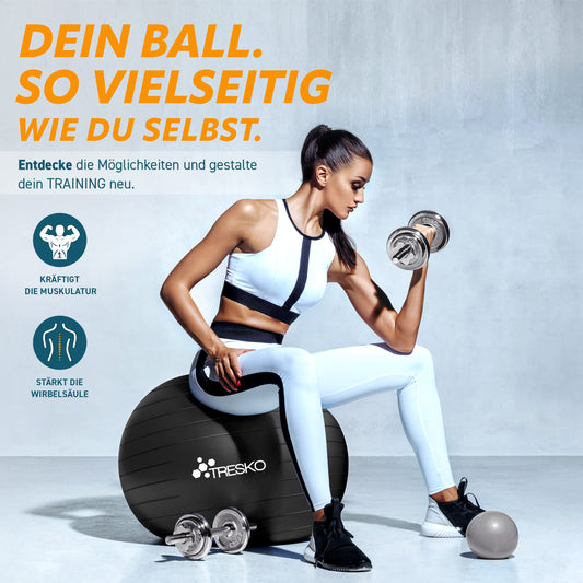 TRESKO Exercise Ball with FREE workout poster and pump - Yoga Ball BPA-Free | Office Chair Ball | Anti-Burst | 300 kg, Black, 85cm (for body height over 185cm)