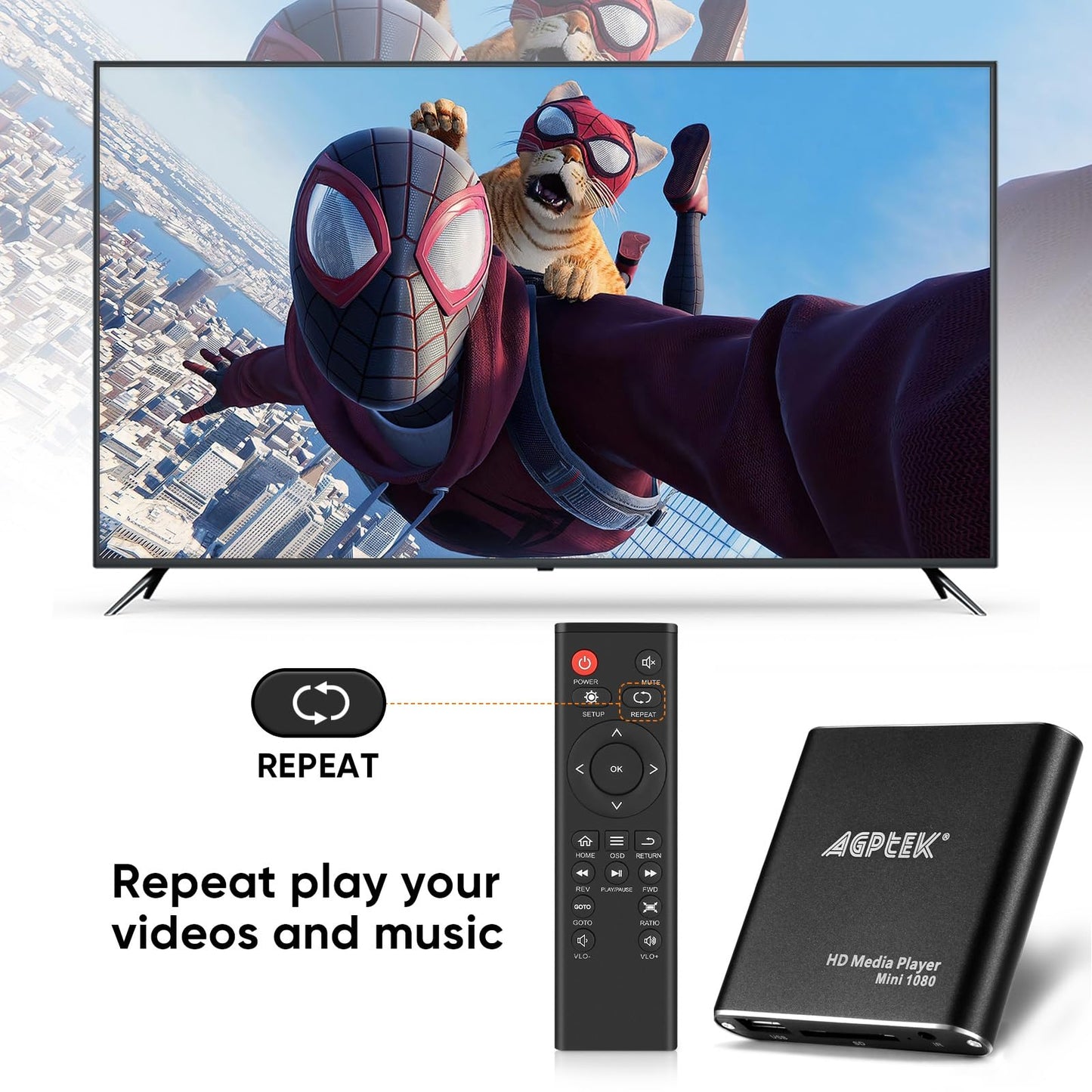 AGPTEK Mini 1080P Full HD Digital Media Player with remote control for MP3, WMA, OGG, AAC, FLAC, APE, AC3, DTS, ATRA - Supports HDMI CVBS & YPbPr video output (Black).