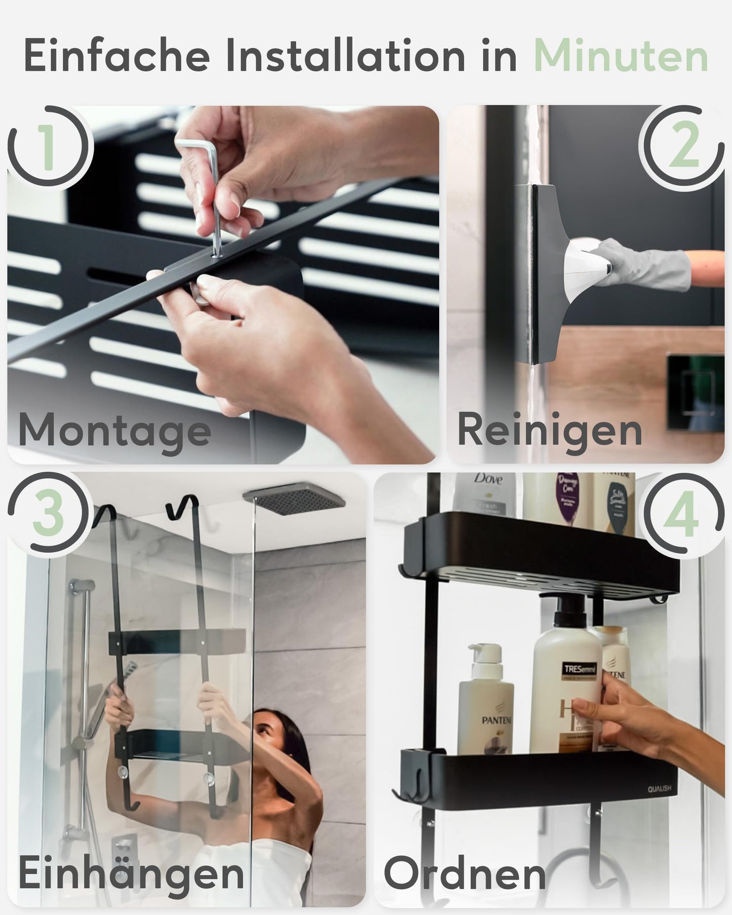 QUALISH® hanging shower shelf - shower caddy hanging on the shower wall - hanging shower basket with glass protection and additional hooks - hanging shower shelf - no drilling required - matte black