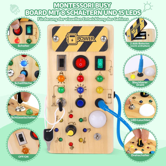Montessori Busy Board Activity Board for 1 year and up. Wooden toy with 15 LED light switch toys. Sensory learning toy for babies and toddlers ages 1-3.