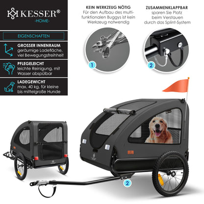 KESSER® Dog Trailer Boxer 2-in-1 Dog Stroller Bike Trailer large approx. 250L volume - Incl. flag and bag - 600D Oxford Canvas, foldable SmartSpace Concept, max. 45kg, Anthracite