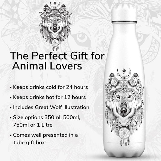 Proworks Stainless Steel Water Bottle | 24 Hrs Cold & 12 Hrs Hot - Vacuum Insulated Bottle for Sports, Running, Biking, Yoga, and Camping - 500ml - All White - Wolf Aztecs