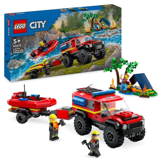 LEGO City Fire SUV with Rescue Boat, Off-Road Car Toy & City Fire Helicopter, set with helicopter toy and pilot figure.