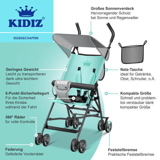 KIDIZ® City Buggy is a foldable sports stroller with 360° swivel 4-inch wheels, sun and rain covers, and a 5-point safety harness. Suitable for kids over 6 months, in mint green.