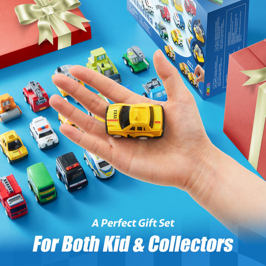 JOYIN 18 Piece Pull Back City Cars and Trucks Toy Vehicle Set, Model Car, Friction Powered Die-cast Cars for Toddlers, Boys, and Girls learning play