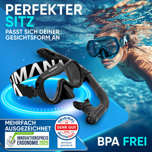 KAIMANA® Snorkel Set for adults with tempered safety glass (diving mask & dry snorkel), Comfortable adult diving mask with silicone or fabric strap.