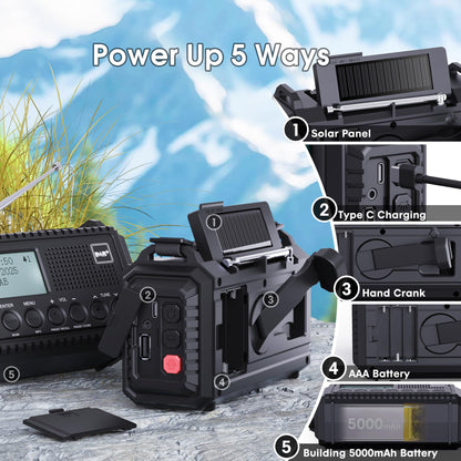 DAB/DAB+/FM digital radio with built-in 5000mAh battery. Solar radio emergency radio with USB mobile phone charging function. Camping radio with LED flashlight, reading light, SOS alarm. Portable crank radio for outdoor use.