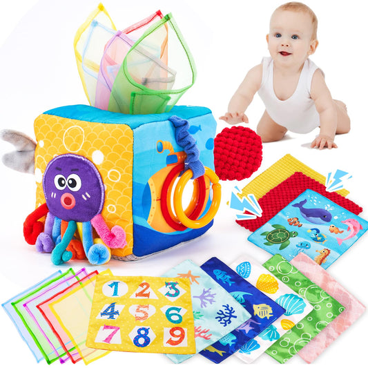 hahaland baby toy 6-12 months tissue box, Montessori sensory motor toy, fabric tissues contrast colors learning sensory toy for boys girls gifts