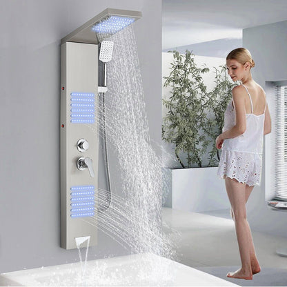 Shower panel with faucet, rain shower, bathtub faucet, shower column, shower system, shower set, brushed nickel LED stainless steel 304 with 4 shower functions.