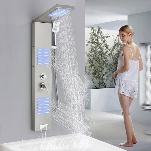 Shower panel with faucet, rain shower, bathtub faucet, shower column, shower system, shower set, brushed nickel LED stainless steel 304 with 4 shower functions.
