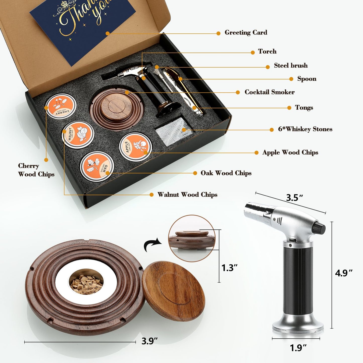 Dad's Christmas gift, Cocktail Smoker Kit, Whisky Stones, Culinary torch, Old Fashioned Whiskey Smoker Drinks Kit, Cocktail Accessories, Bourbon-Walnut (Butane not included)