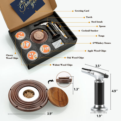 Dad's Christmas gift, Cocktail Smoker Kit, Whisky Stones, Culinary torch, Old Fashioned Whiskey Smoker Drinks Kit, Cocktail Accessories, Bourbon-Walnut (Butane not included)