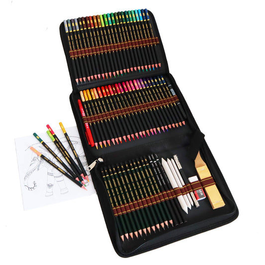 Colored pencils, sketching pencils, and drawing pencils set for sketching and drawing. Professional art set and kit bag with 72 pieces. Set for adult coloring books.
