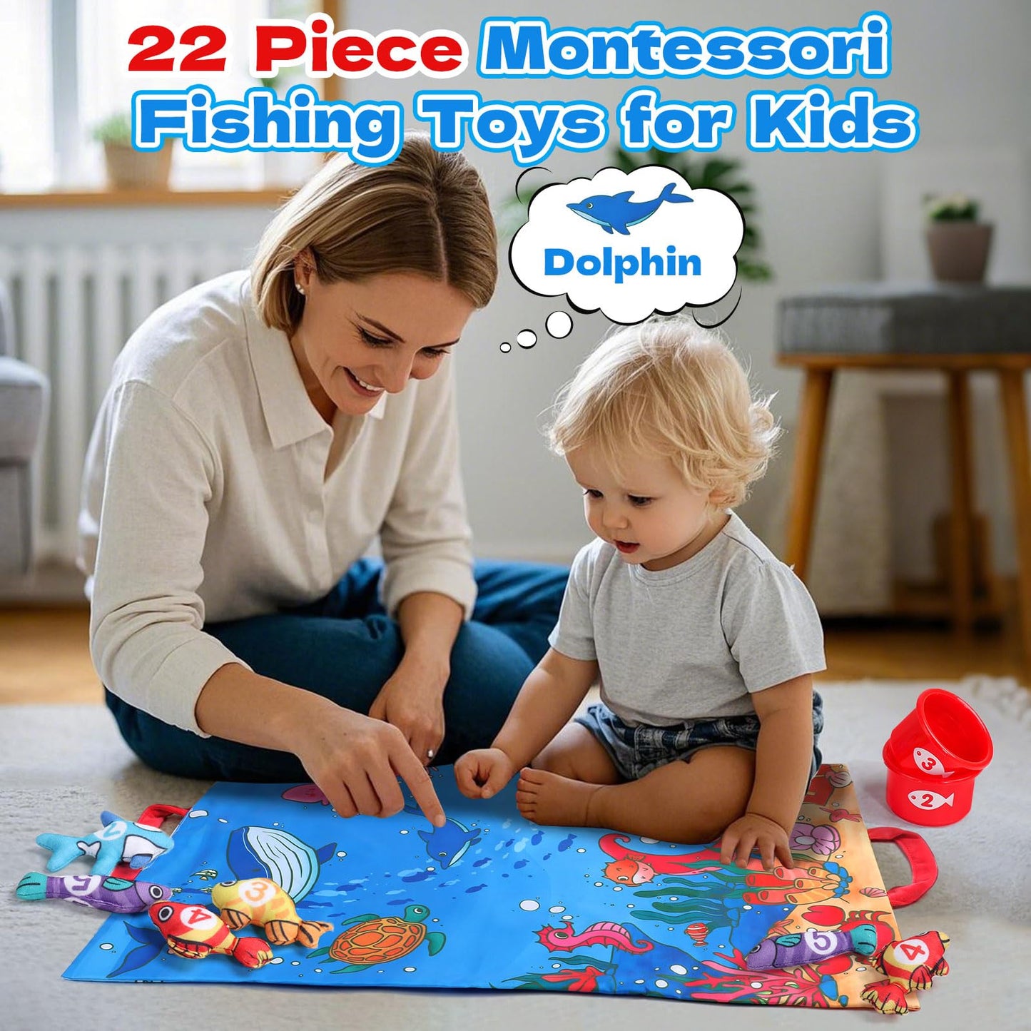 Jerry Montessori toy from 1 year-Angel game children's toy, baby toy for 6-12 months fine motor skills toy from 1 year, sensory learning games fish fishing game, gift boy girl.
