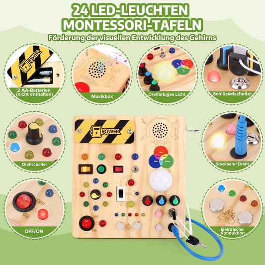 Hello! Montessori toys from 1 year Busy Board Activity Board toys from 2 years Wooden toys with 13 switches 24 LED lights Toys Sensory Learning Toys