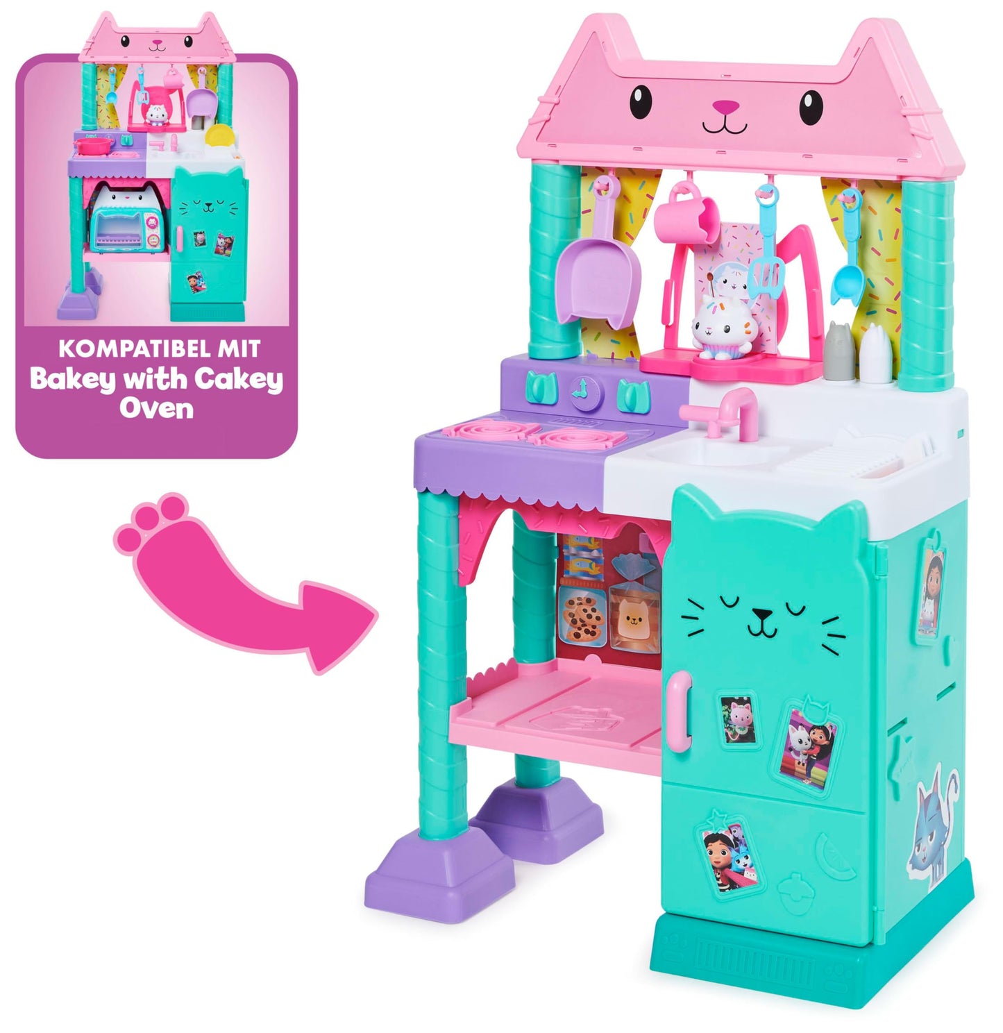 Gabby's Dollhouse, Cakey's Lifesize Kitchen, role play kitchen with sound effects, play kitchen accessories, and toy food, suitable for children aged 3 and up.