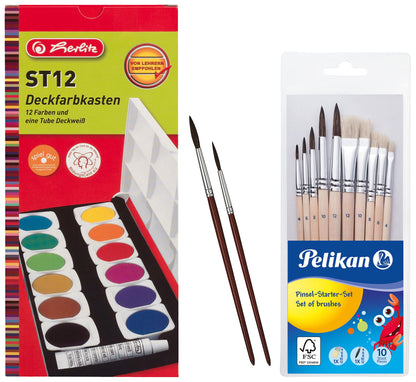 Herlitz 10116655 School paint or opaque watercolor set, 12 colors including opaque white (school paint + 12 brushes)