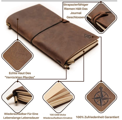 WANDERINGS Leather Travelers Notebook - Refillable journal made of genuine leather. Ideal for writers, poets, travelers, and as a diary. Includes blank inserts.